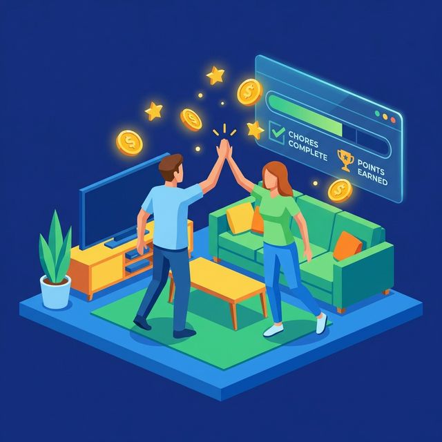 Couple celebrating after completing household chores together using Chore Wars app